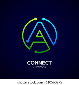 Letter A logo, Circle shape symbol, green and blue color, Technology and digital abstract dot connection