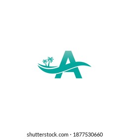 Letter A logo  coconut tree and water wave icon design vector
