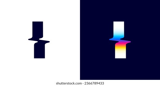 I letter logo with color glitch. Neon double exposure style. Multicolor gradient sign with hologram and illusion effect. Glowing color shift vector icon for nightlife labels, game screens, vibrant adv
