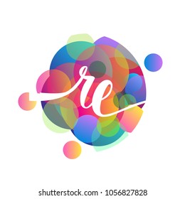 Letter RE logo with colorful splash background, letter combination logo design for creative industry, web, business and company.