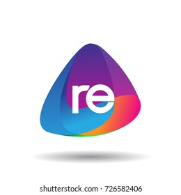 Letter RE logo with colorful splash background, letter combination logo design for creative industry, web, business and company.