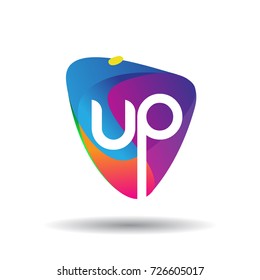 Letter UP logo with colorful splash background, letter combination logo design for creative industry, web, business and company.