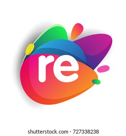Letter RE logo with colorful splash background, letter combination logo design for creative industry, web, business and company.