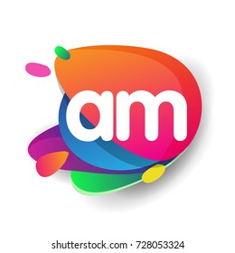 Letter AM logo with colorful splash background, letter combination logo design for creative industry, web, business and company.
