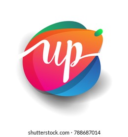 Letter UP logo with colorful splash background, letter combination logo design for creative industry, web, business and company.