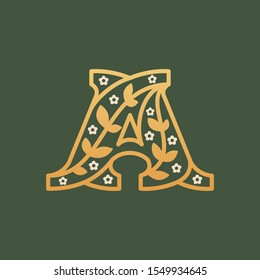 Letter A logo consisting of floral pattern letters with chamomile flower. Linear classic vector font. Can be used for cosmetics, spa, beauty salon, decoration, boutique, jewelry and fashion industry.