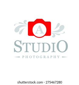 Letter A logo , creative red camera symbol floral , Elegant calligraphic ornament line art monogram logo design for photographer , Fashion & wedding photography logo design . vector illustration