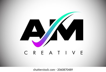 AM Letter Logo with Creative Swoosh Curved Line. AM Icon Vector with Bold Font and Vibrant Colors Illustration.