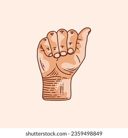 A letter logo in a deaf-mute hand gesture alphabet. Hand drawn vector illustration isolated on brown background.