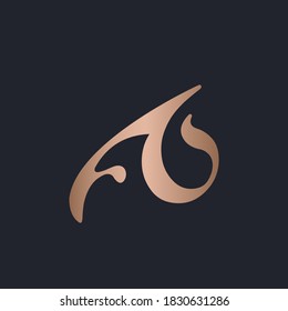Letter A logo with decorative elements.Ornamental lettering sign.Rose gold metallic alphabet initial icon isolated on dark background.Elegant ,organic, luxury style character shape.