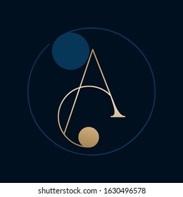 Letter A logo with decorative swirl elements and circle frame.Ornamental lettering sign.Golden alphabet initial icon isolated on dark background.Elegant,organic,luxury,beauty style character shape.