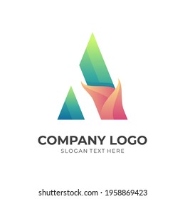 letter A logo design with 3d green and orange color style