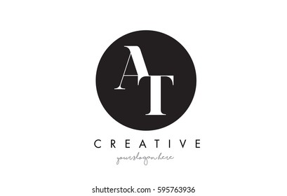 AT Letter Logo Design with Black Circle and Serif Font Vector Illustration.