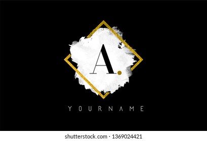 A Letter Logo Design with Black ink Stroke over Golden Square Frame.