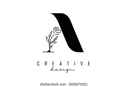 A letter logo design with black rose vector illustration. Creative and elegant icon with letter A.