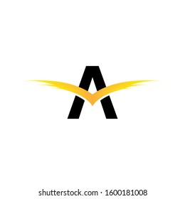 letter A logo. design a combination of letter a and bird wing illustration into a unique and simple logo a. with a yellow black texture. white background. brand for company and graphic design. modern 