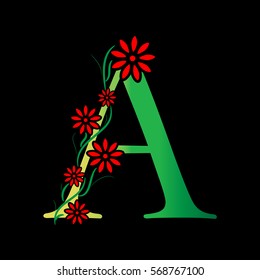 Letter A Logo Design Concept with Red Flowers Isolated on Black Background