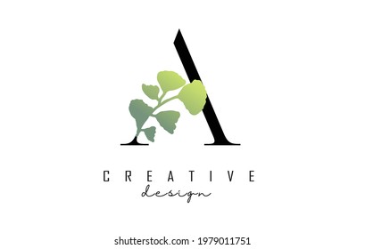 A Letter logo design with cut circle and green leaves. Vector Illustration with Botanical elements. Nature template with A letter for personal branding, corporate, business, eco friendly products.