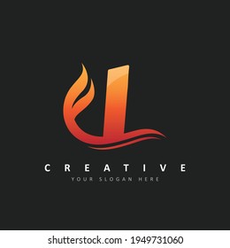 Letter I Logo Design With Fire Flames and Orange Swoosh Vector Illustration