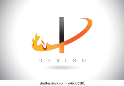 I Letter Logo Design with Fire Flames and Orange Swoosh Vector Illustration.