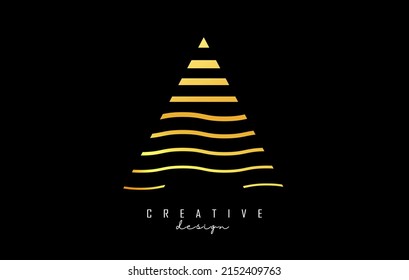 Letter A logo design with golden straight and zig zag lines. Vector illustration with sunset color lines.