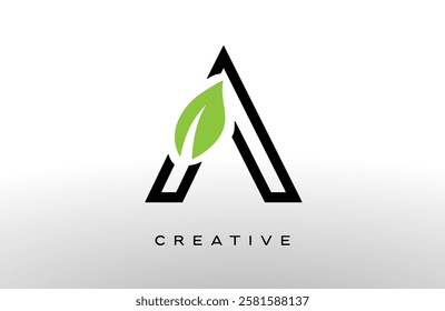 Letter A logo design with green leaf made of black lines vector Illustration