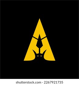 Letter A logo design with illustration of bat head and spear.