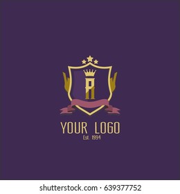 Letter A logo design. Luxury shield crown brand concept. Classic emblem sign.