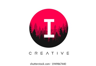 I Letter Logo Design with Pine Forest Vector Shapes and Red Circular shape Color Illustration