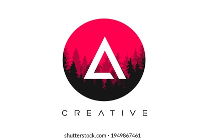 A Letter Logo Design with Pine Forest Vector Shapes and Red Circular shape Color Illustration