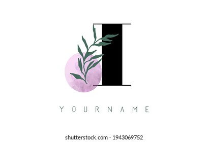 I Letter logo design with pink circle and green leaves. Vector Illustration with with Botanical elements. Nature template concept with I letter for branding, corporate, business, eco  products.