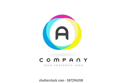 A Letter Logo Design with Rainbow Rounded Magenta Yellow Blue and Green Colors.