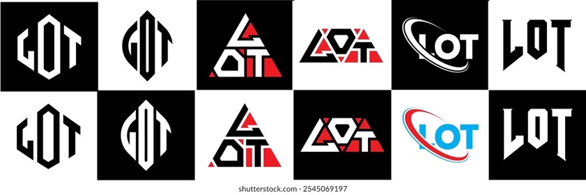 Lote carta logotipo design em seis estilo. LOT polígono, círculo, triângulo, hexágono, plano e estilo simples com cor preta e branca variação letra logotipo definido em uma prancheta. Logotipo minimalista e clássico LOT