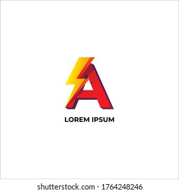 Letter A Logo Design Template. Alphabet and Thunder Logo Concept. Red, Yellow & Orange Gradation Color. Isolated on white background