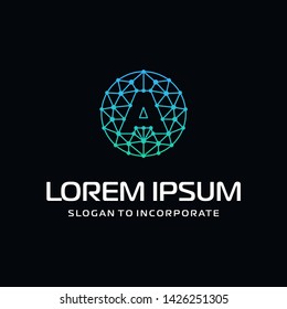 Letter A Logo Design Template with technology concept. Abstract network connection, Line Connect Dots Tech Logo. vector globe technology and digital concept - Vector 
