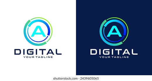 letter A logo design template technology, modern circle logo digital, technology, connection, data, media, circle line