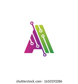 letter A logo design vector with circuit technology