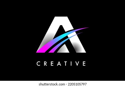Letter A Logo Design Vektor mit kurvigem violettem blauen Swoosh Linien und kreativem Look. Elegante Initial Modern Ein Logo Symbol Idea Vektorgrafik.
