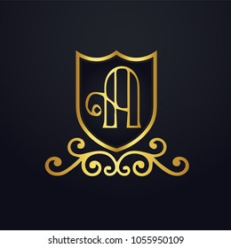 Letter A logo. Design vector illustration with Gold Shield and Ornament.