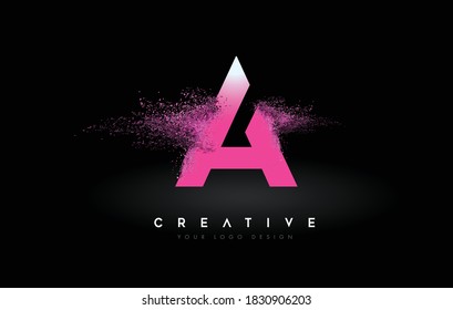 A Letter Logo with Dispersion Effect and Purple Pink Powder Particles Expanding Ash Vector Illustration.