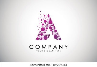 A Letter Logo with Dot or Circle Dispersion Bubble Effect. A Dotted letter in purple gradient vector illustration.