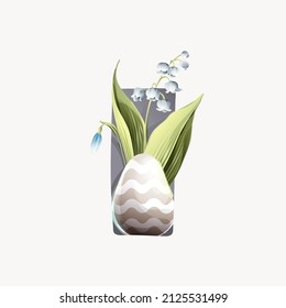 Escribo un logo con huevos de Pascua en diseño clásico, lirio de hojas del valle y flores de nevada. Perfecto para sus tarjetas de felicitación y el diseño de carteles.