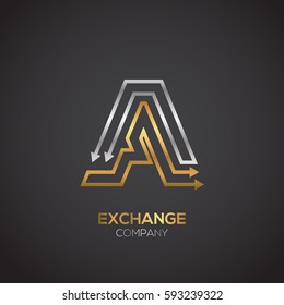 Letter A logo, Exchange money, Economy finance, Arrow, Gold and Silver premium color