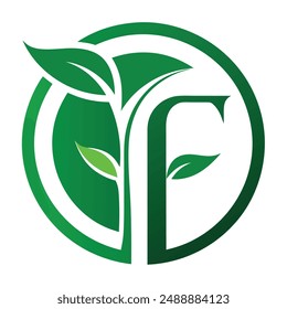  letter logo f and green leaf logo design vector