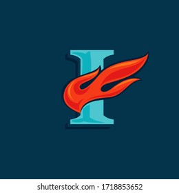 Letter I logo with fast speed fire. Vintage serif font with line shadow. Vector icon perfect for sportswear labels, race posters, victory identity, etc.