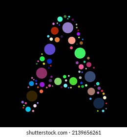 A letter logo filled with colorful balls, alphabet icon isolated on a black background