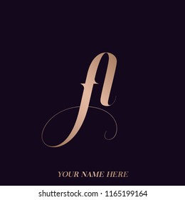 Letter A logo and also FL monogram.Elegant icon with letter A, functioning like letter f and letter l, too. Rose gold metallic color initials isolated on dark background.Typographic elements.