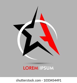 A letter logo font red with black star and white ring isolated on gray background. Vector design template elements for your application or company identity.