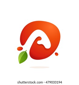 Letter A logo in fresh juice splash with green leaves. Vector elements for natural application, ecology presentation, business card or cafe posters.