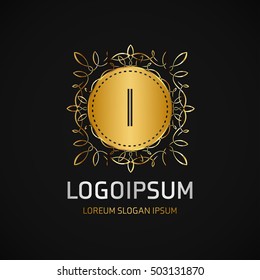I Letter logo, Golden Monogram design elements, line art logo. Beautiful Boutique Logo Designs, Business sign, Restaurant, Royalty, Cafe, Hotel, Heraldic, Jewelry, Fashion, Wine. Vector illustration